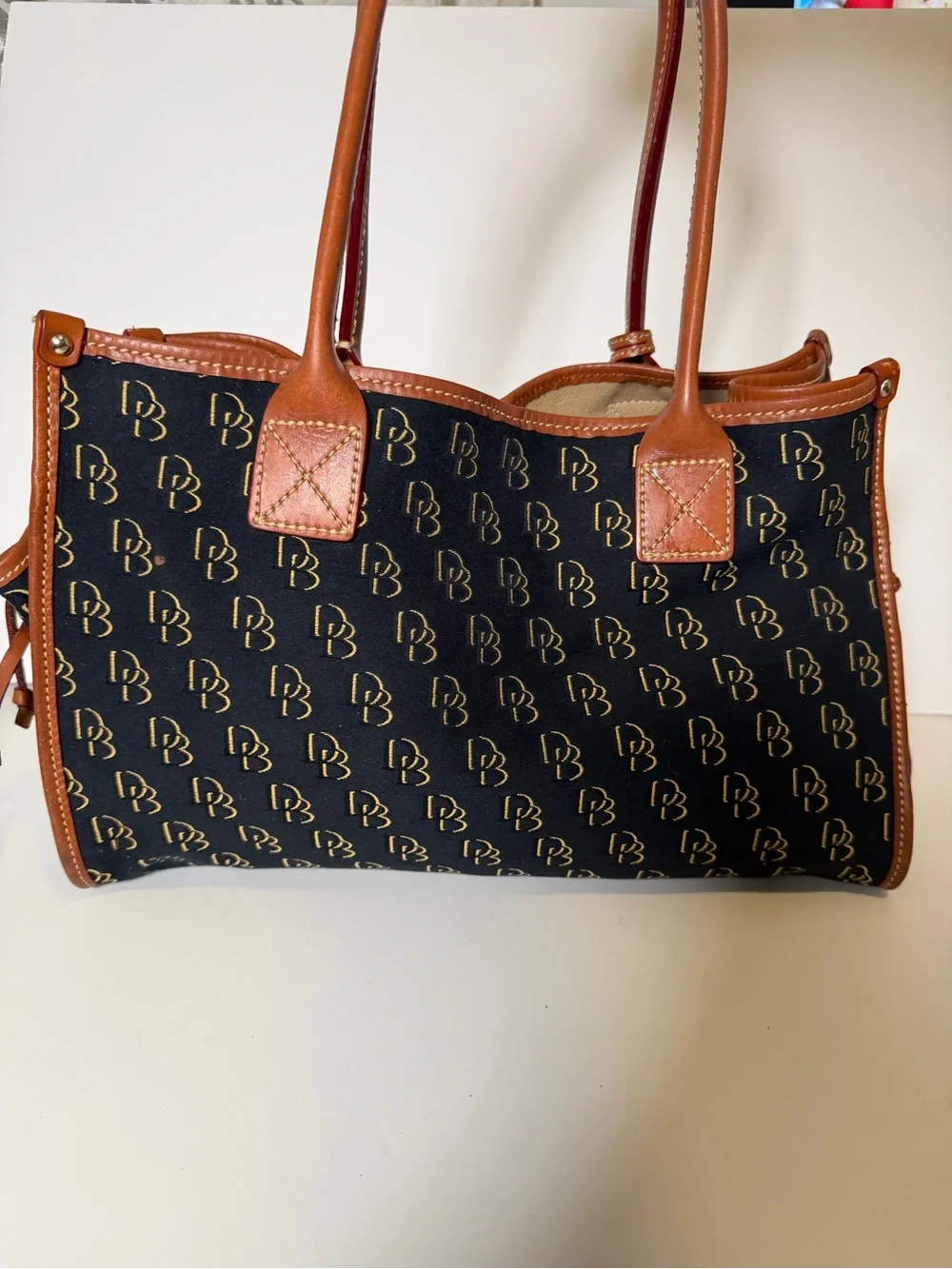 Dooney & Bourke Black Monogram Satchel with Brown Leather Trim